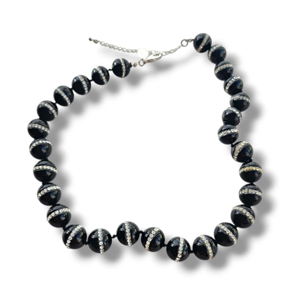 HSN Natural Black Agate & Swarovski Crystal Hand Knot Silver Plated Necklace 18"